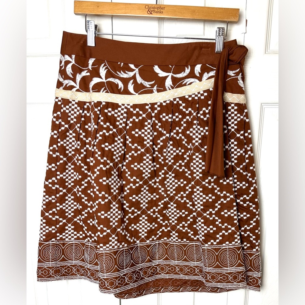 Vtg NANETTE LEPORE Embroidered Skirt Brown Whitete Embroidery Pleated Faux Wrap